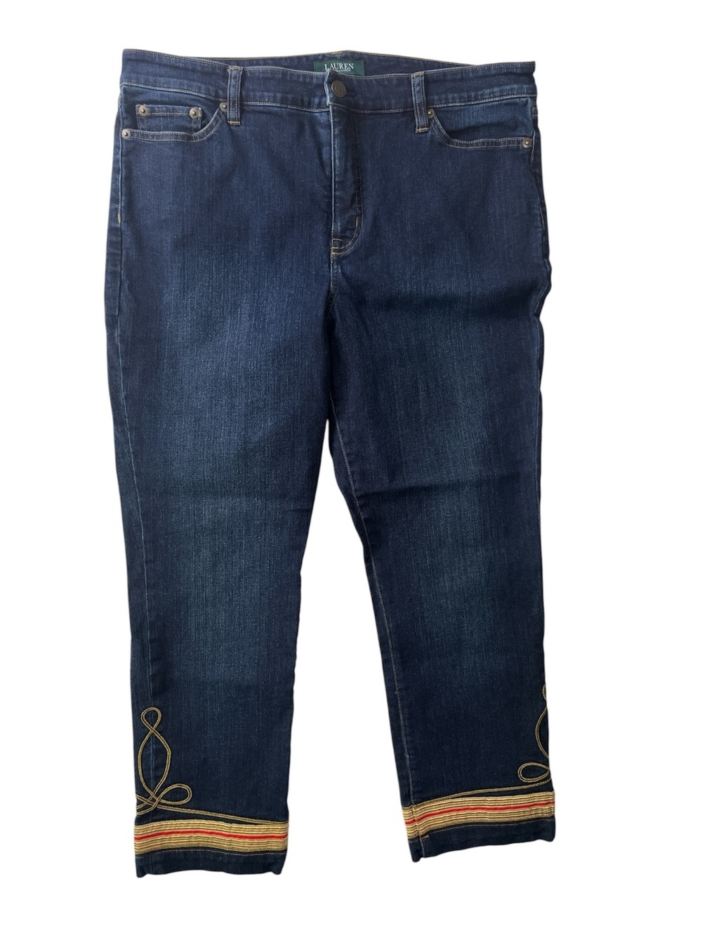 LRL Classic Straight Ankle Jeans Women's Size 12 Dark Wash Embroidered Hem Denim - Picture 1 of 11